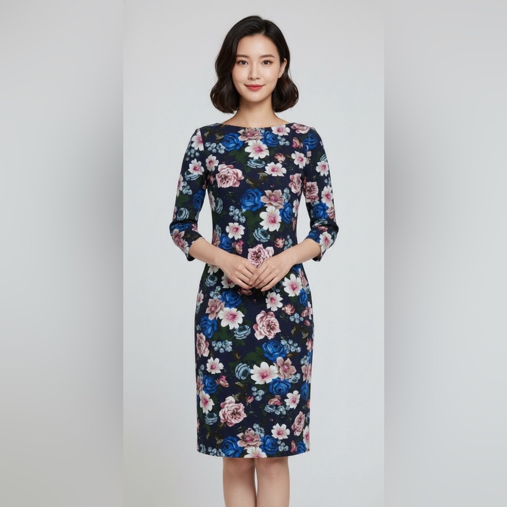 ERDEM SUMMER FLORAL-PRINT PONTE DRESS STRETCHY SLIP-ON COTTAGE-CORE SPRING EUC